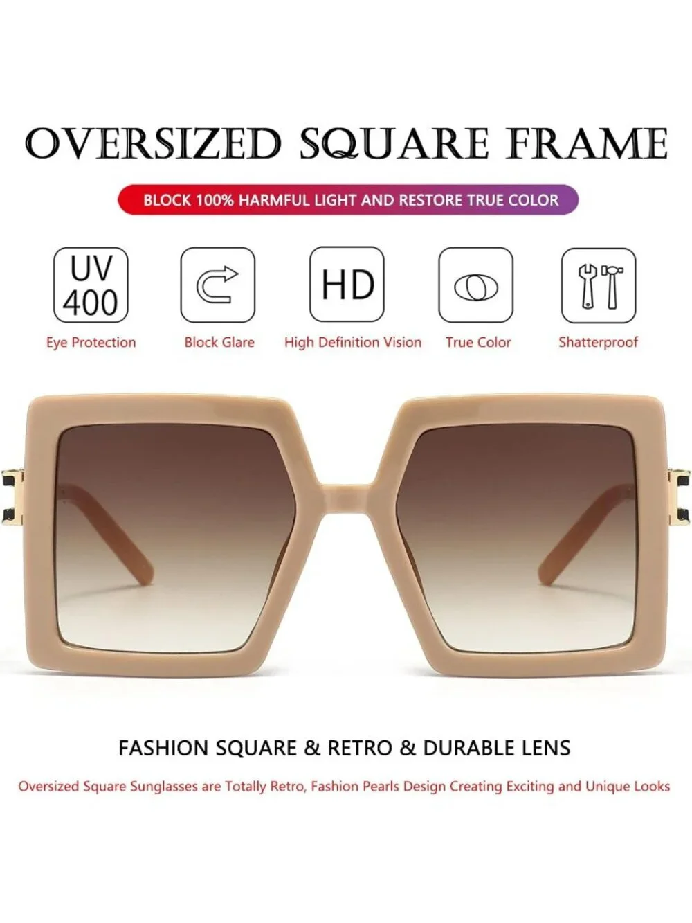 Women's Square Fashion Big Large Frame Sun Glasses UV400 Protection Beige Brown